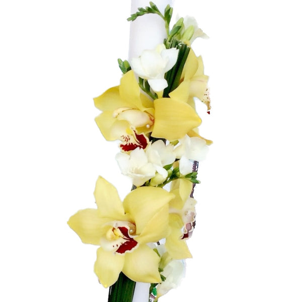 Yellow cymbidium orchid baptism candle