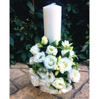 Lumanare botez scurta lisianthus si frezii albe