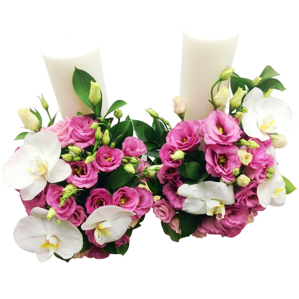 Lumanari nunta scurte lisianthus roz si orhidee phalaenopsis
