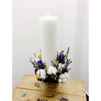 Rustic cotton and craspedia baptism candle