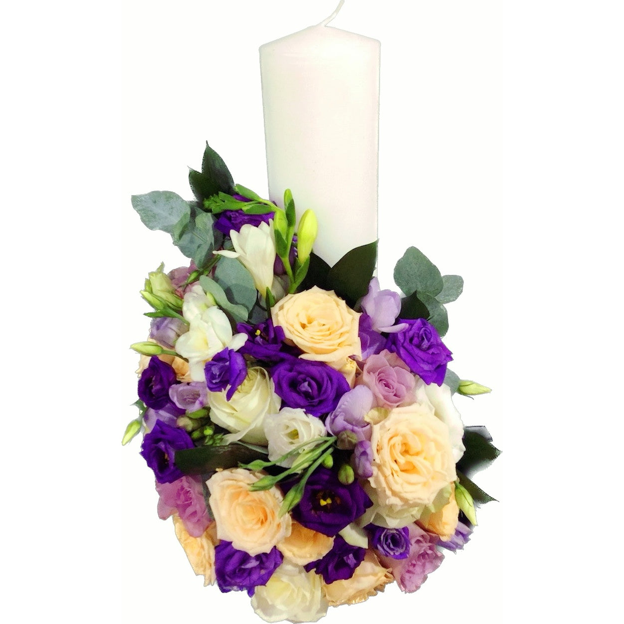 Lumanare botez scurta trandafiri mov