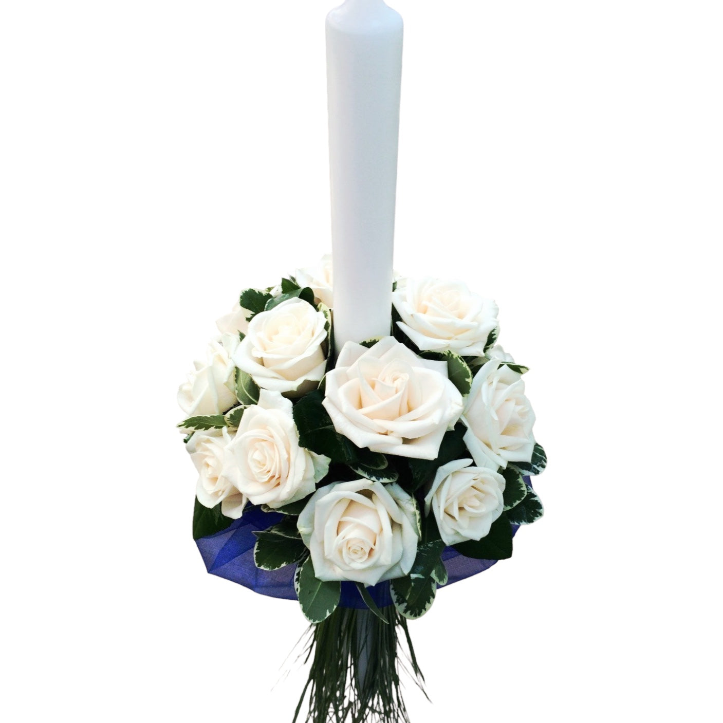 Baptism candle made of cream roses and pittosporum