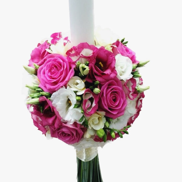 Baptism candle with lisianthus and pink roses