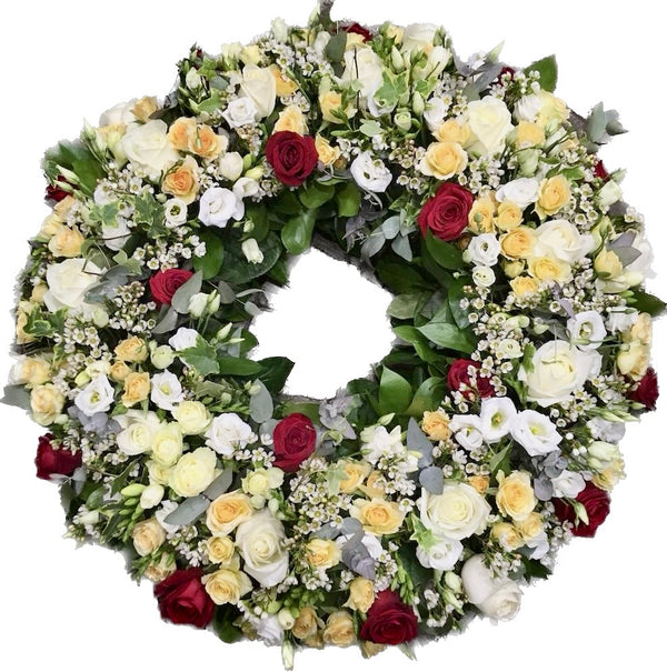 Large funeral wreath - roses and lisianthus