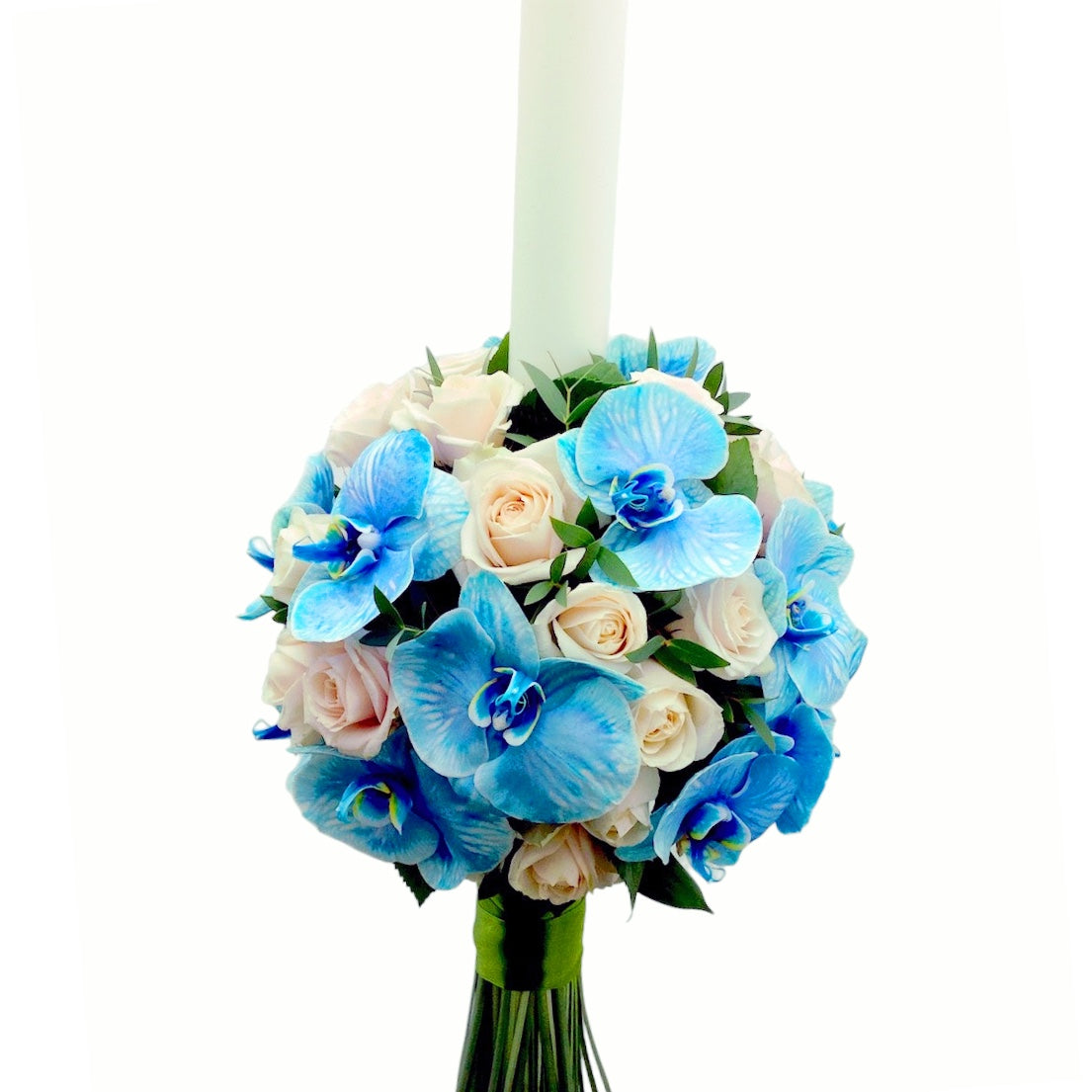 Blue flowing baptismal candle