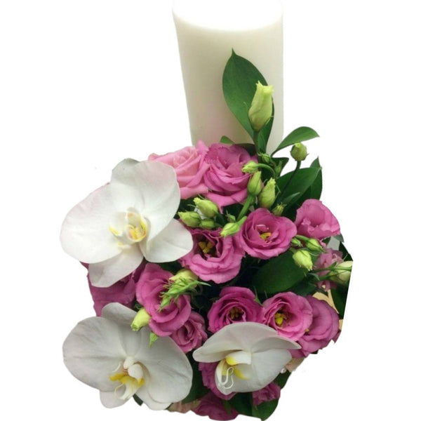 Short christening candle pink lisianthus and phalaenopsis orchids