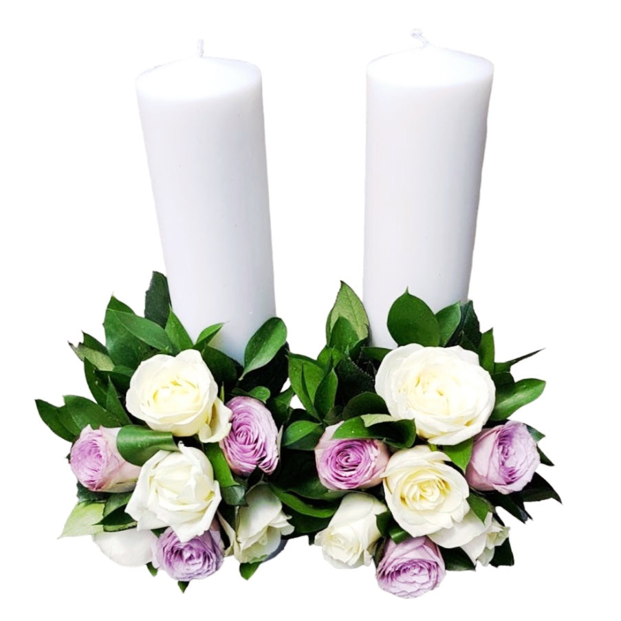 Lumanari cununie scurte trandafiri mov si ivoire