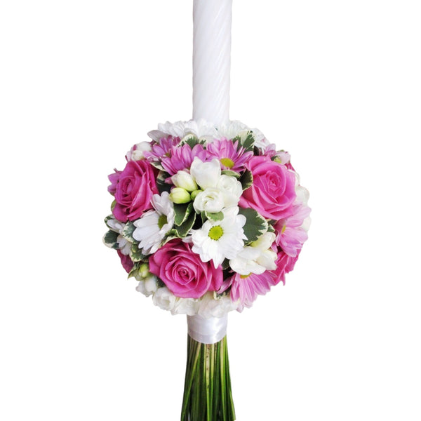 Baptism candle with pink roses, lilac chrysanthemum and white freesias