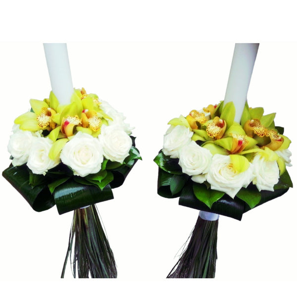 Green orchid and white roses wedding candles