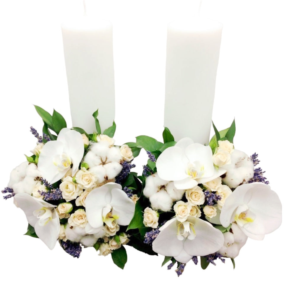 Lumanari nunta scurte bumbac si minirose crem