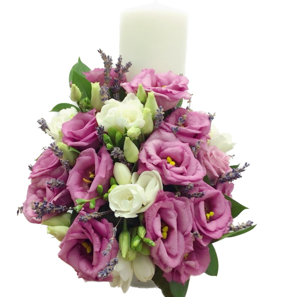 Short baptism candle for little girls, pink and lavender flowers