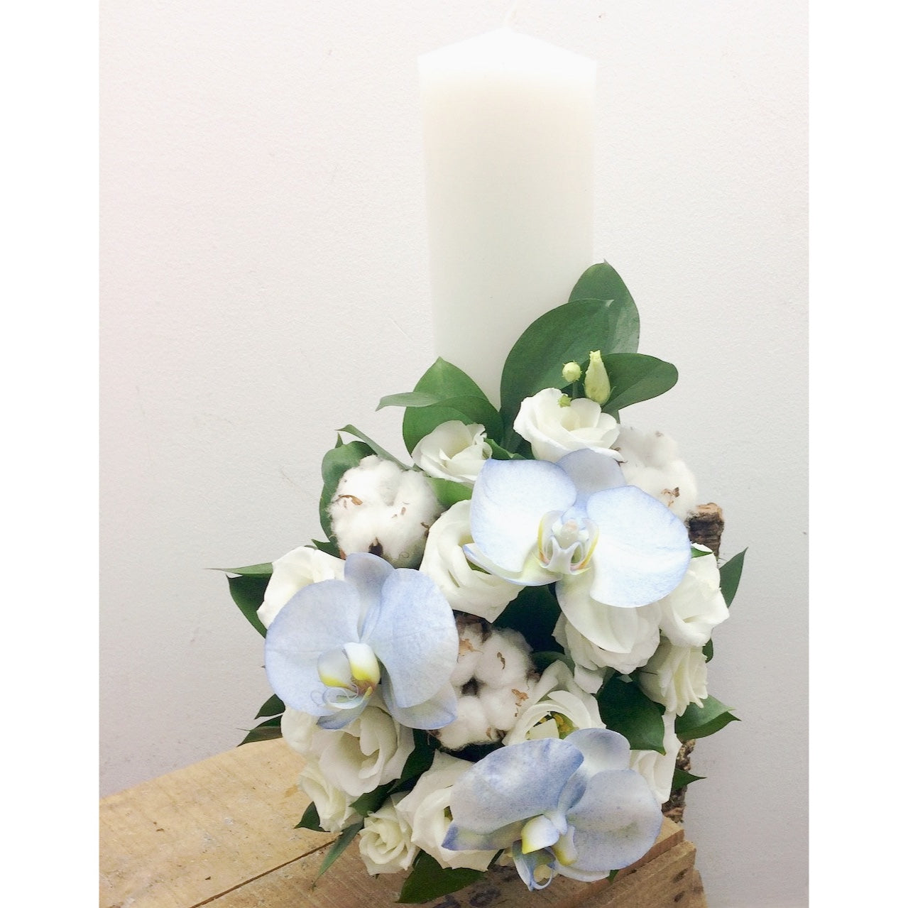 Short christening candle for boys phalaenopsis and lisianthus orchids