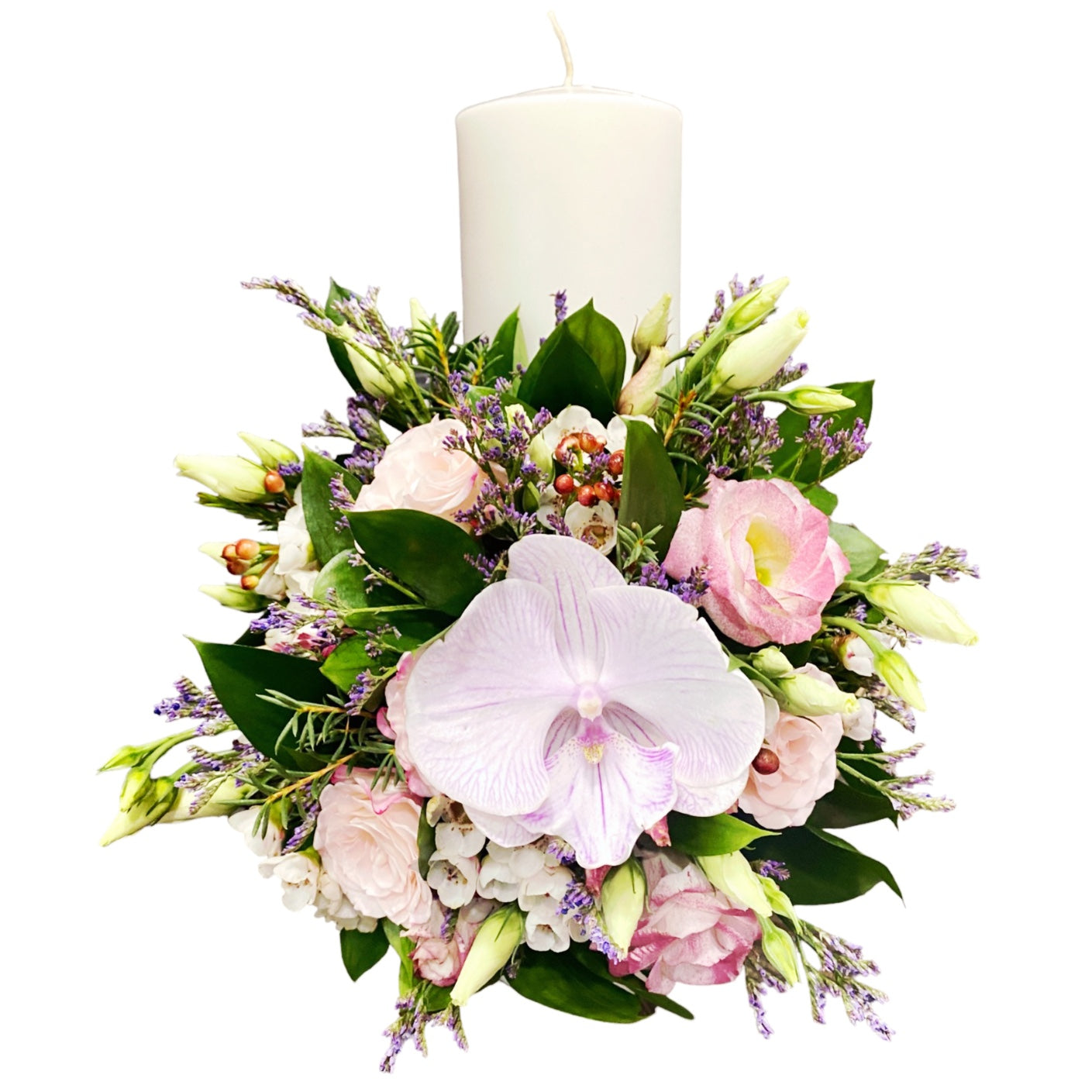 Short christening candle minirose, limonium and cotton