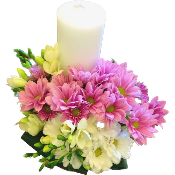 Small baptism candle with freesias and daisies