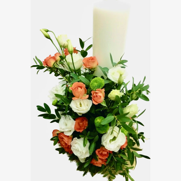 Baptism candle with mini roses, lisianthus and santini