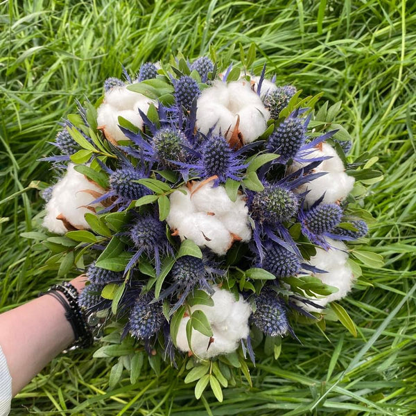 Cotton and eryngium bridal bouquet
