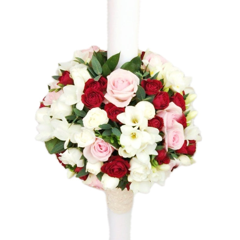 Christening candle pink roses and mini rose garnet