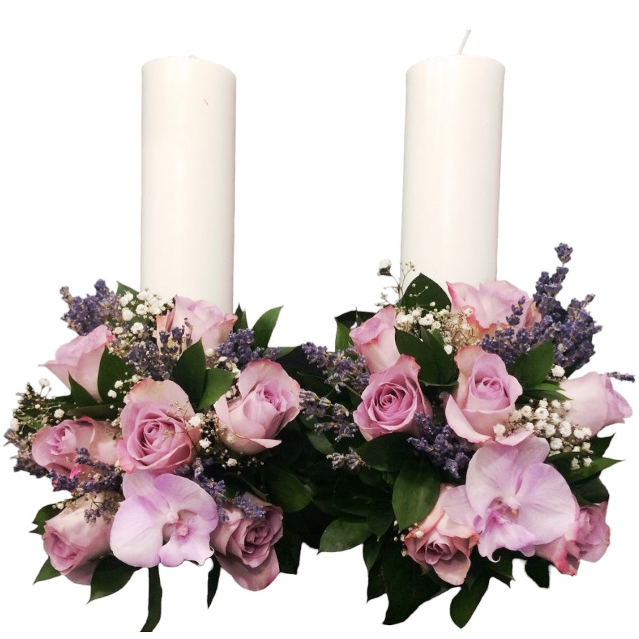 Lumanari cununie scurte lavanda si trandafiri mov