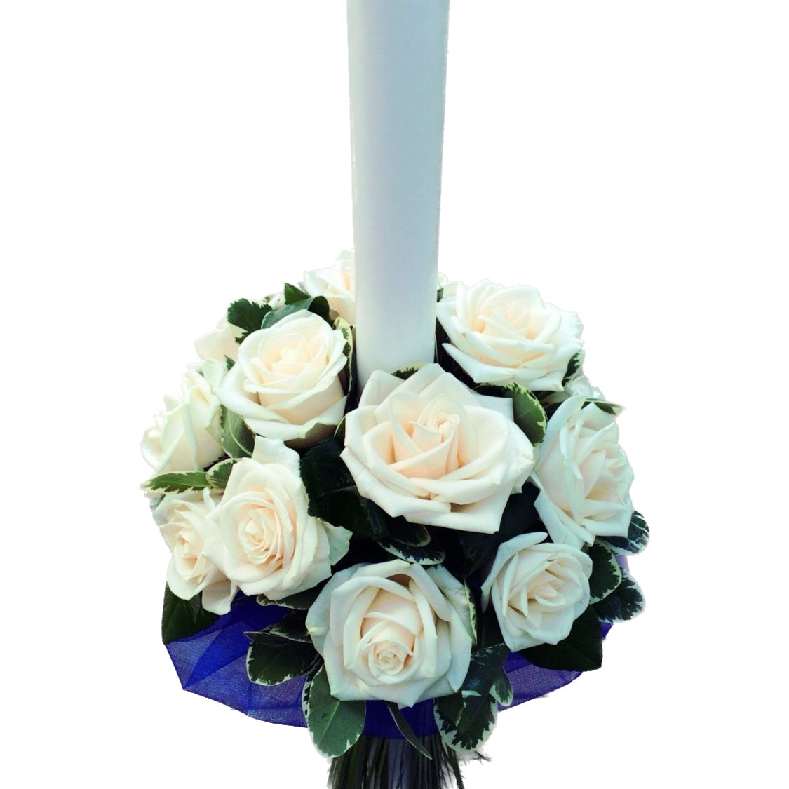 Baptism candle made of cream roses and pittosporum