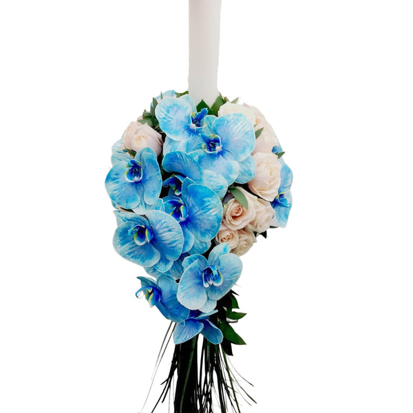 Blue flowing baptismal candle