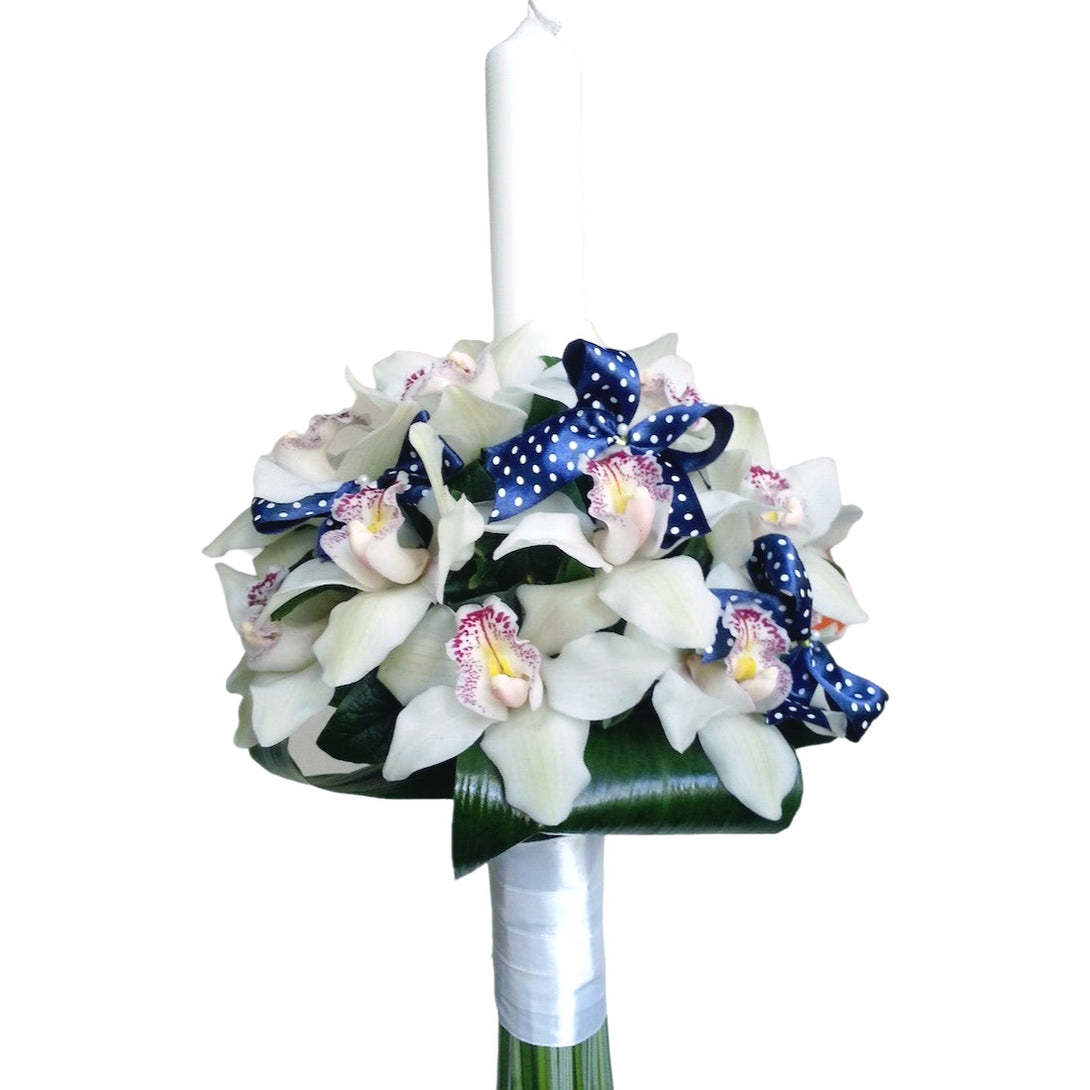 Lumanare de botez cu orhidee cymbidium alba si fundite