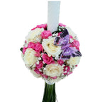 Lumanare de botez cu trandafiri ivoire si minirose roz