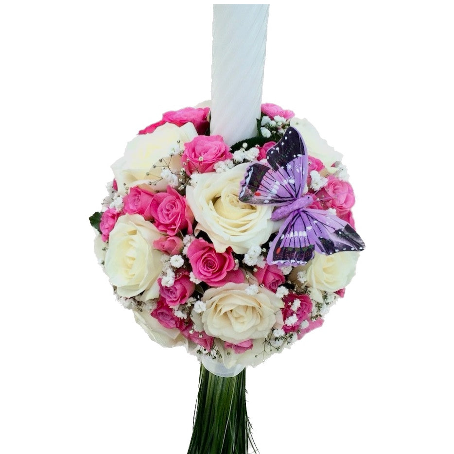 Baptism candle with ivory roses and pink mini roses