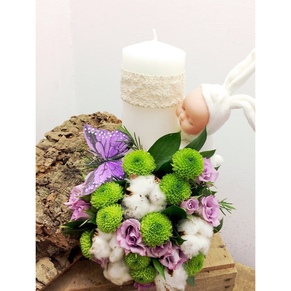 Baptism candle with cotton and toy