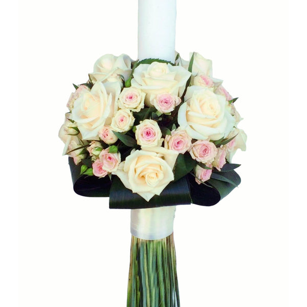 Baptism candle pink mini roses and roses