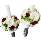 Lumanari de cununie cu hortensii, trandafiri, frezii si orhidee phalaenopsis