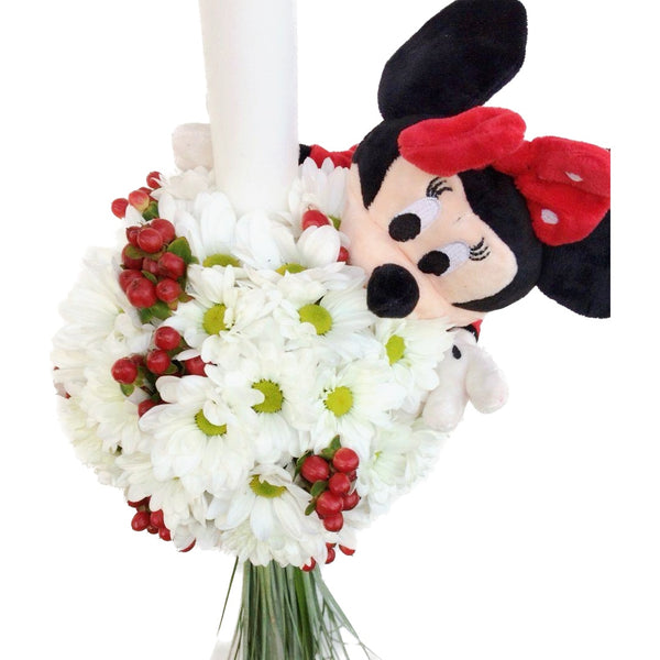 Baptism candle with daisies, hypericum and toy - Minnie Mouse!