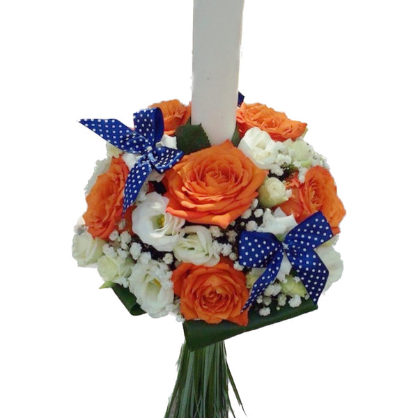 Baptism candle with orange roses and bows