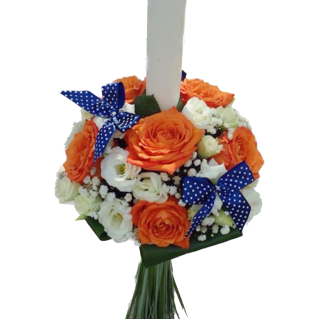 Baptism candle with orange roses and bows