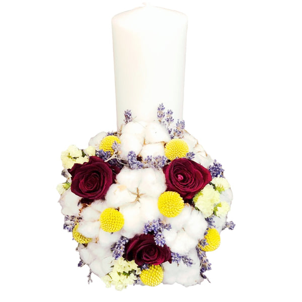 Short baptism candle, cryogenic roses and cotton