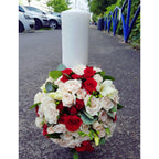 Short baptism candle mini roses and freesias