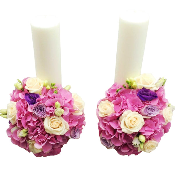Short wedding candles purple roses and hydrangea