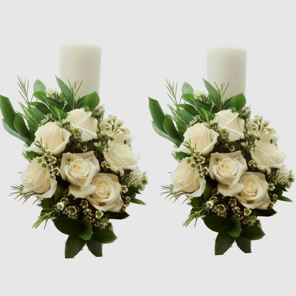 Short wedding candles cream roses and wax flower