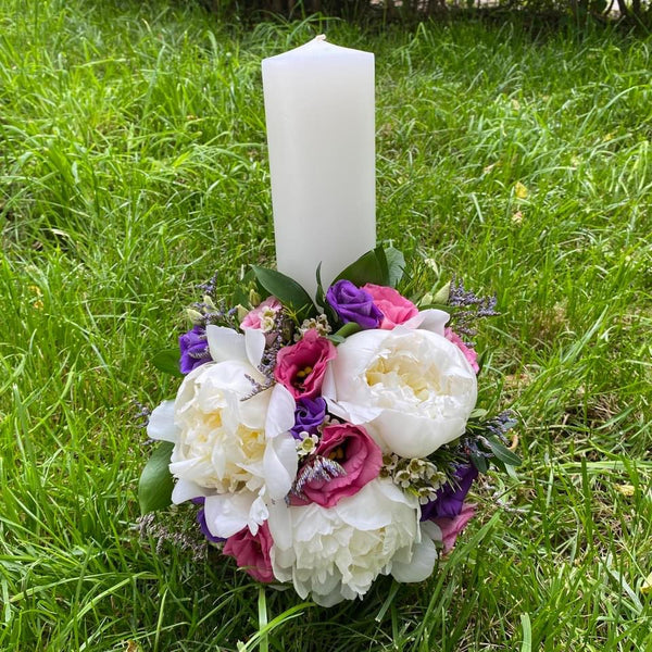 Short baptism candle peonies and purple lisianthus