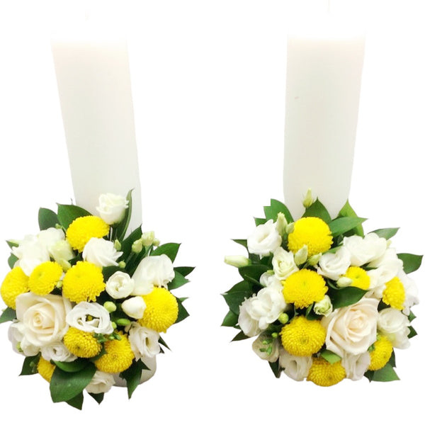 Short wedding candles freesia and yellow santini