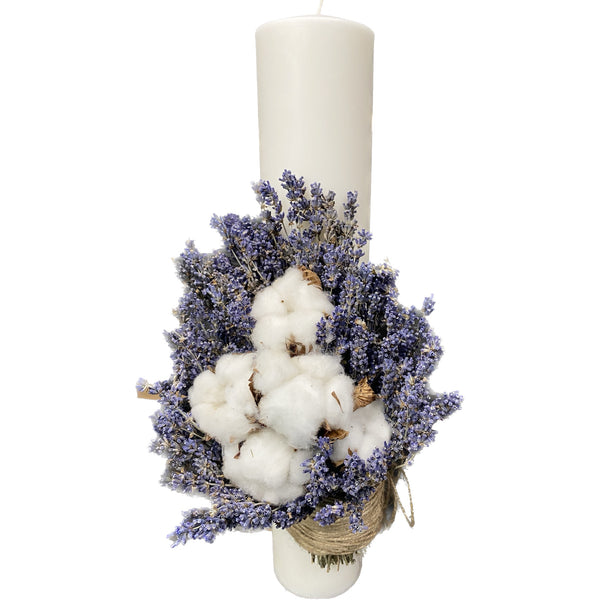 Simple cotton and lavender baptism candle