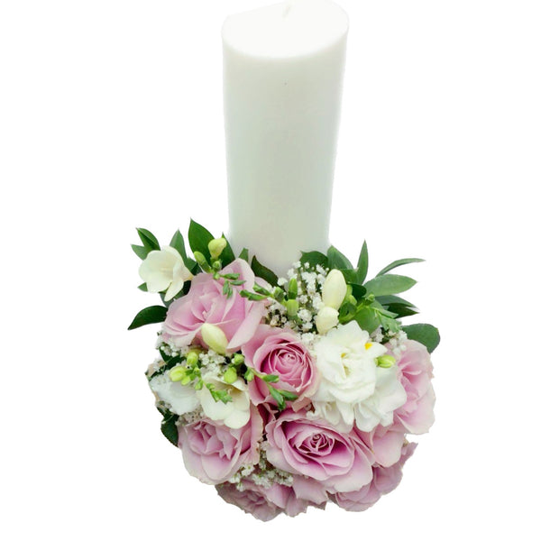 Short baptism candle pink roses and freesias