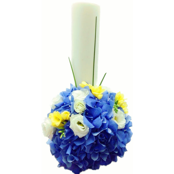 Short christening candle for boys, blue hydrangea