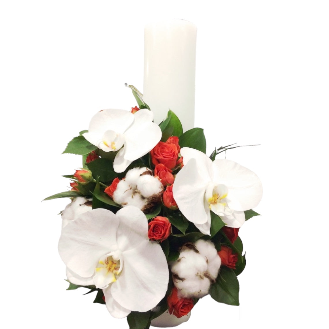 Short christening candle mini orange roses and cotton