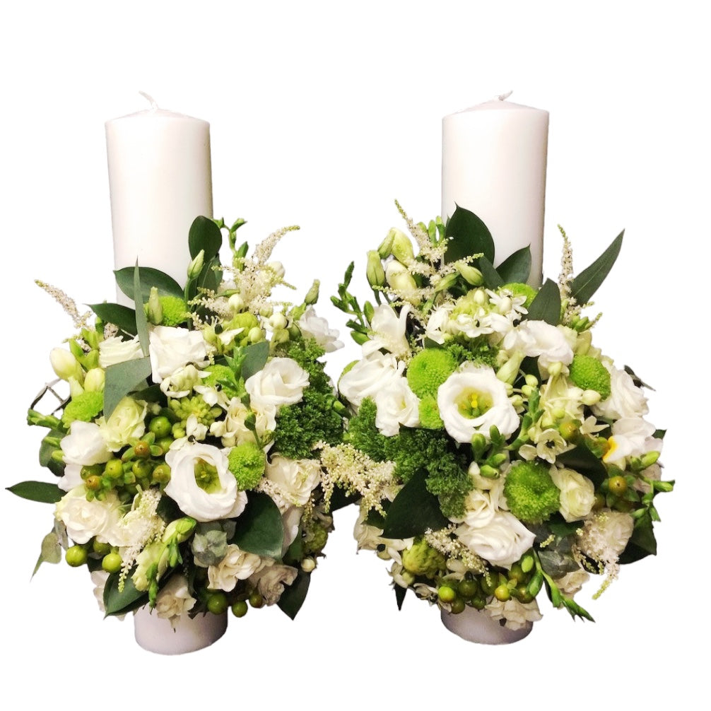 Lumanari cununie scurte flori albe
