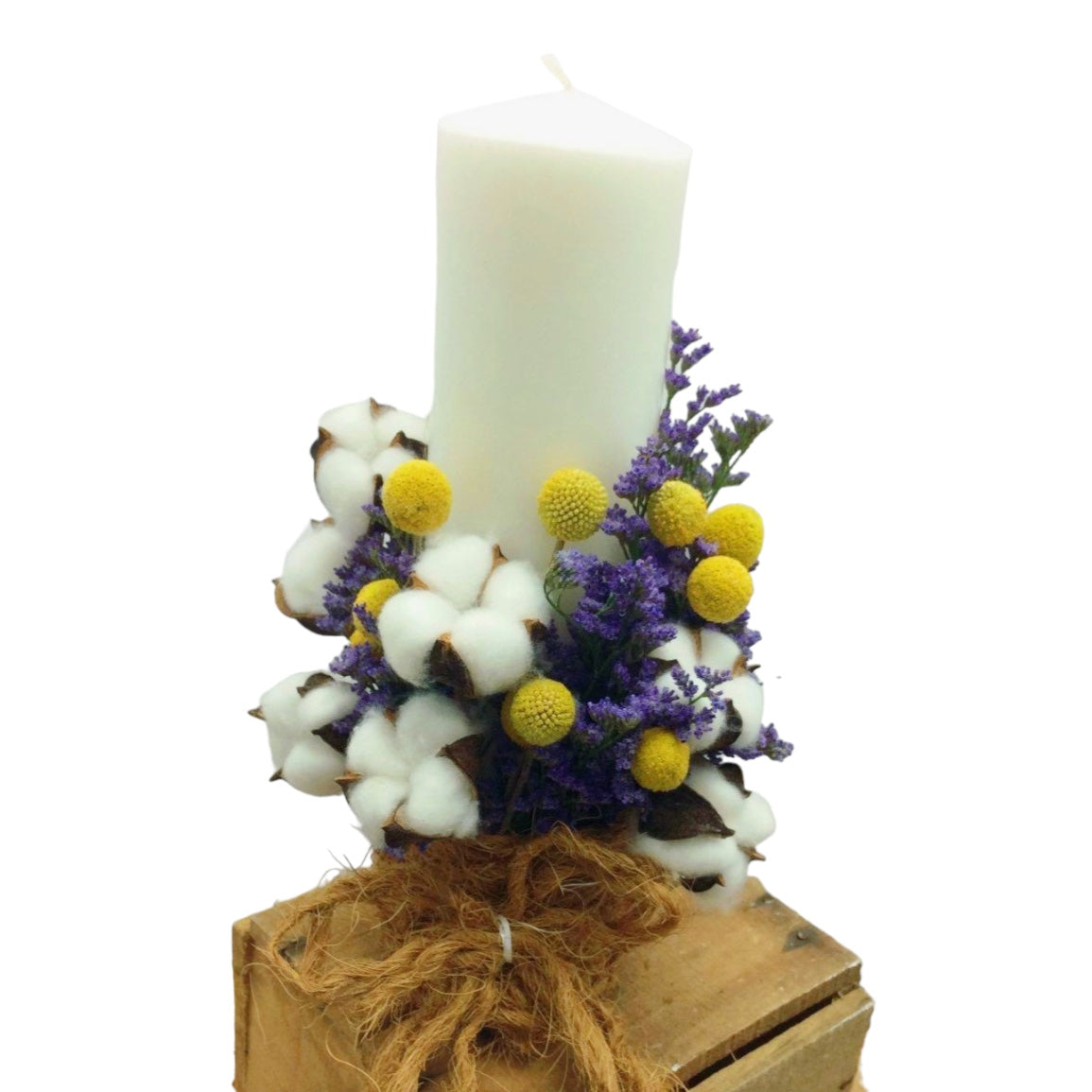 Rustic cotton and craspedia baptism candle