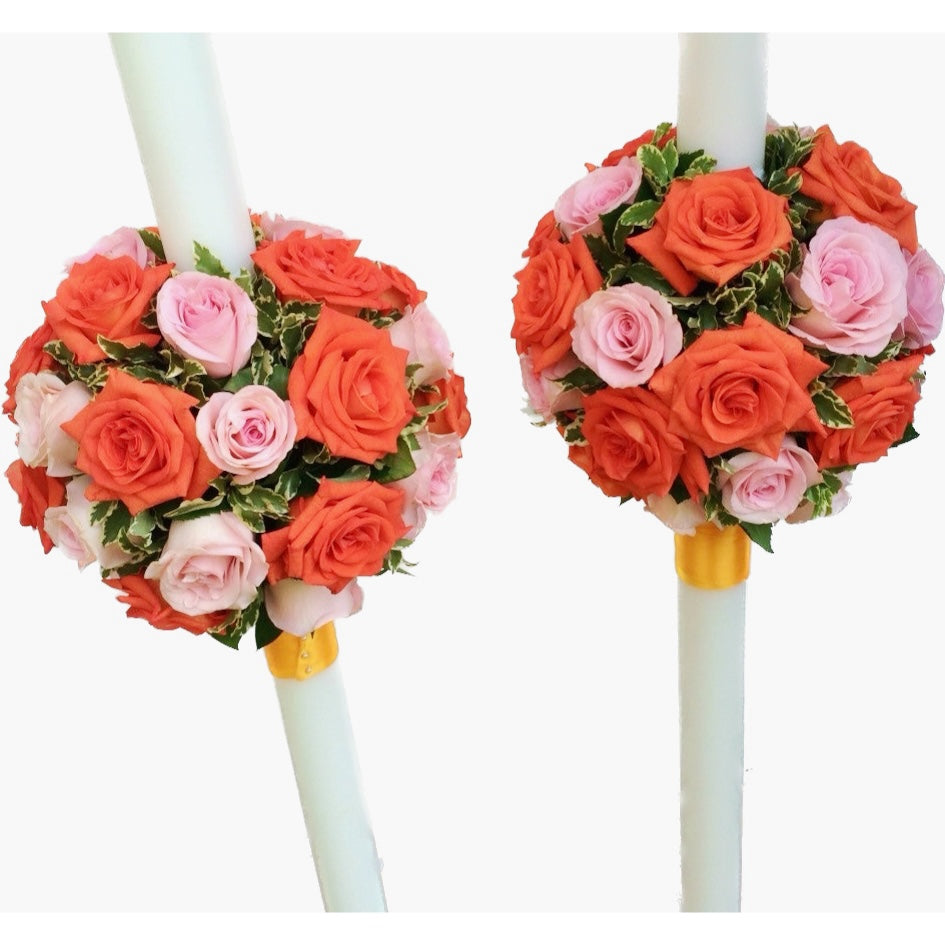 Lumanari nunta glob trandafiri portocalii si roz
