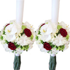 Lumanari de cununie cu hortensii, trandafiri, frezii si orhidee phalaenopsis