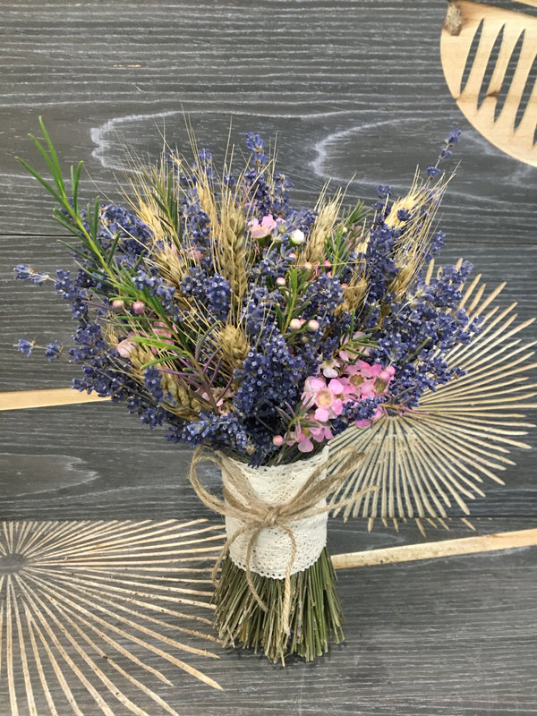 Rustic wedding bouquet of lavender and ears of wheat