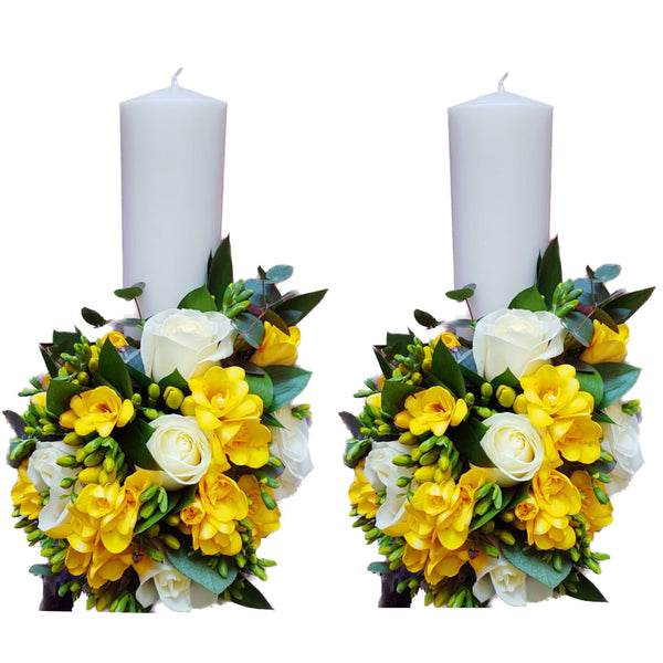 Short yellow freesia wedding candles