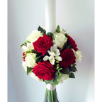 Baptism candle with roses and freesias